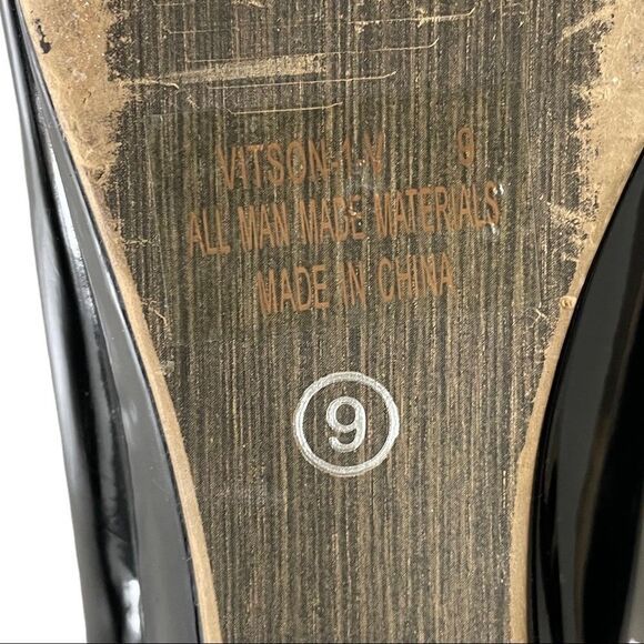 VANGELO DONNA Black Patent Leather Slip-On Wedge Peep Toe Shoes Scalloped 9 - Picture 12 of 15